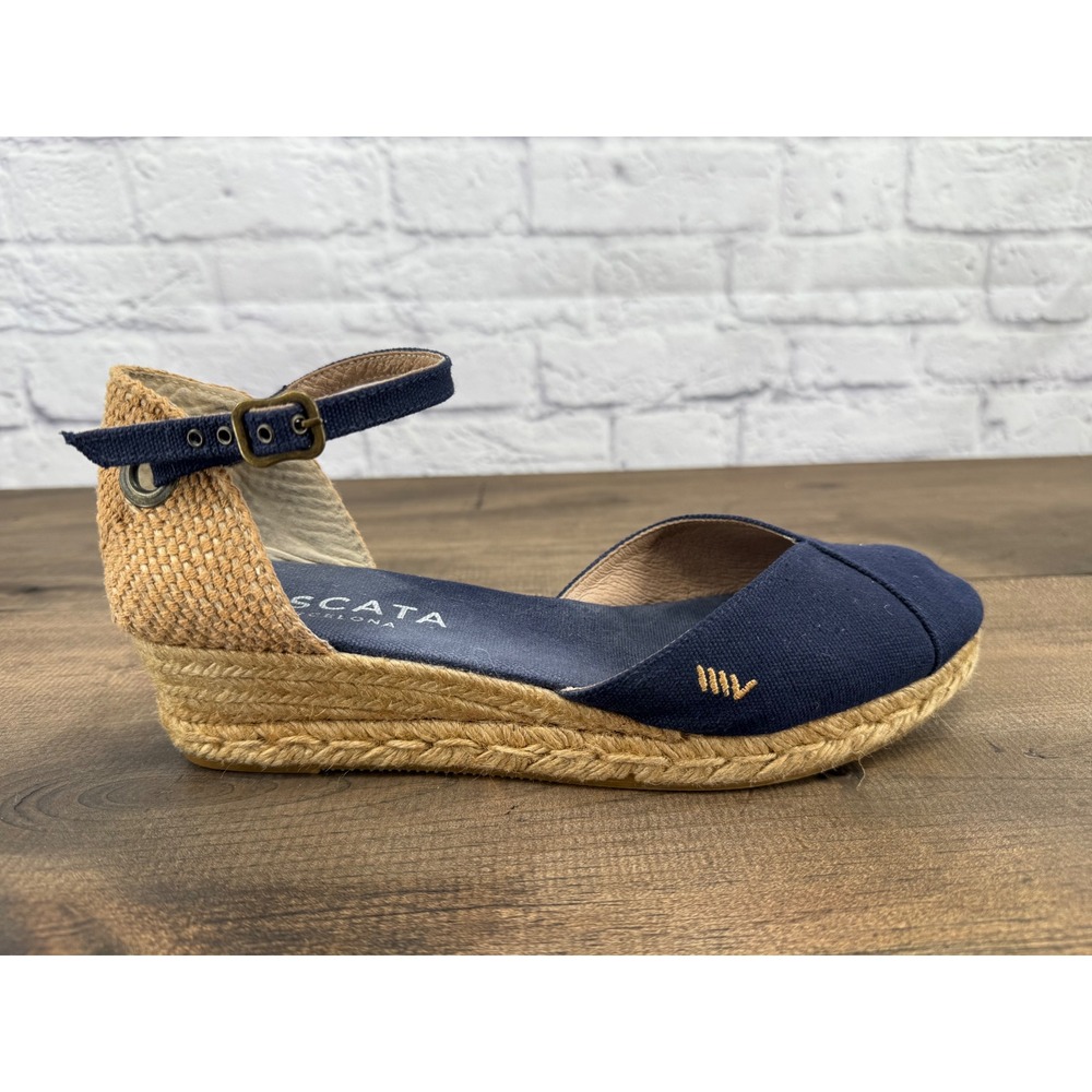 VISCATA Navy Canvas Espadrille Wedge Sandals with Ankle Strap - Picture 8 of 9